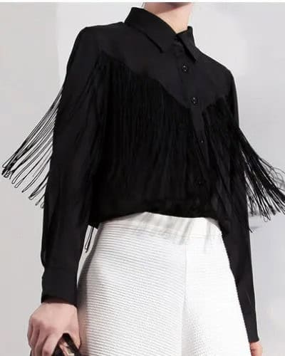 Black Fringe Button Up Shirt with White Midi Shirt