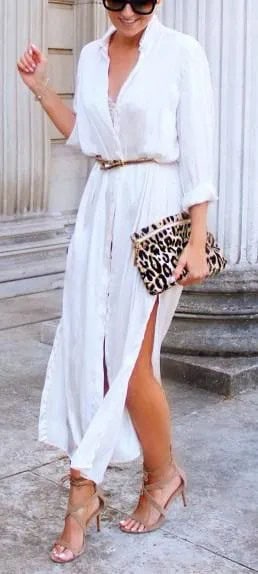 White Long Sleeve Double Side Slit Shirt Dress