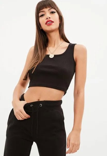 Black Square Neck Cropped Tank Top with Jeans