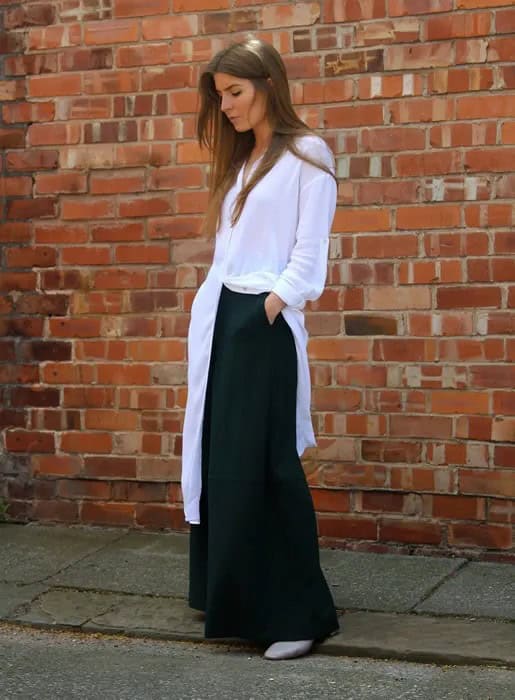 White Shirt with Black Wide Leg Pants