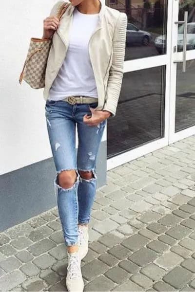 Wear with Pale Pink Leather Jacket & Ripped Skinny Jeans