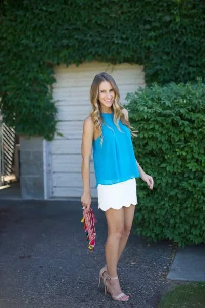 Blue Chiffon Sleeveless Blouse with White Scallop Skirt