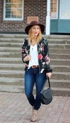 Floral Bomber Jacket with White Vest Top & Black Felt Hat