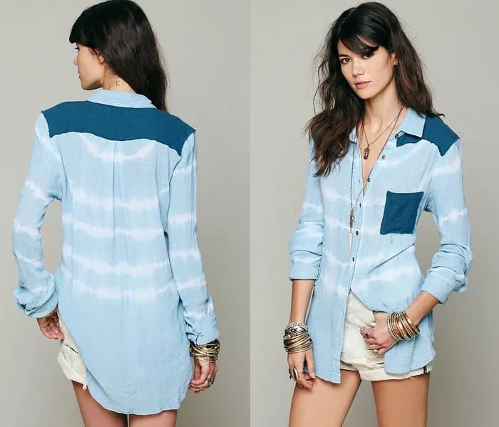 Light Blue and White Tie Dye Striped Chambray Long Sleeve Shirt with Pink Shorts