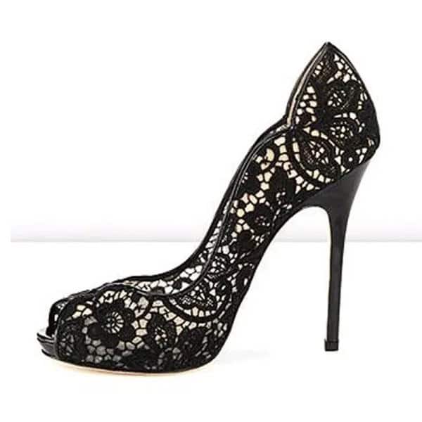 Floral Embroidered Lace Heels with Black Bodycon Midi Cocktail Dress