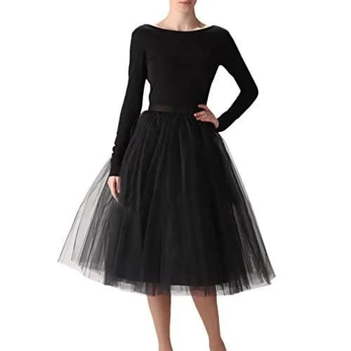 Black Midi Tulle Skirt with Form Fitting Long Sleeve Top