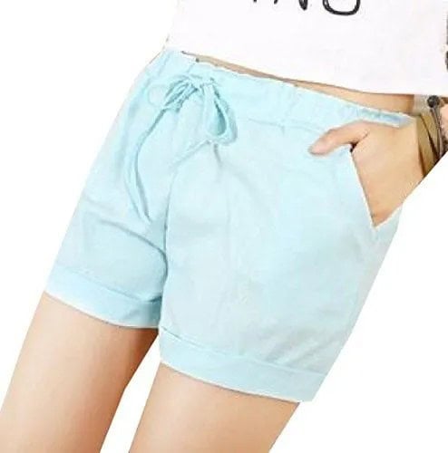 White Cropped T Shirt with Sky Blue Elastic Waist Mini Cuffed Shorts