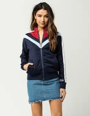 Navy Blue and Red Mock Neck Windbreaker with Mini Denim Skirt