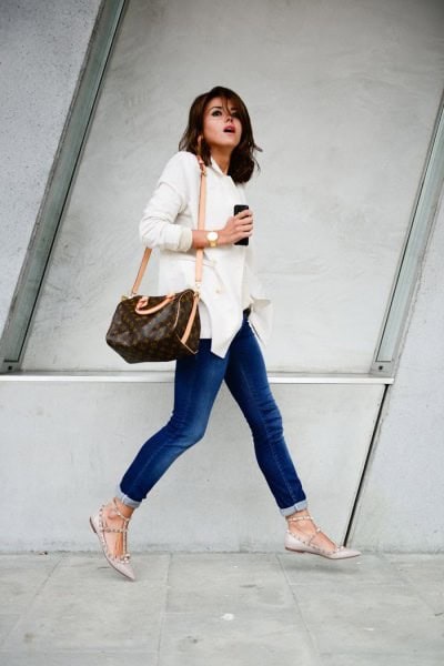 White Long Sleeve Button Up Shirt with Jeans & Pink Strappy Leather Ballet Flats