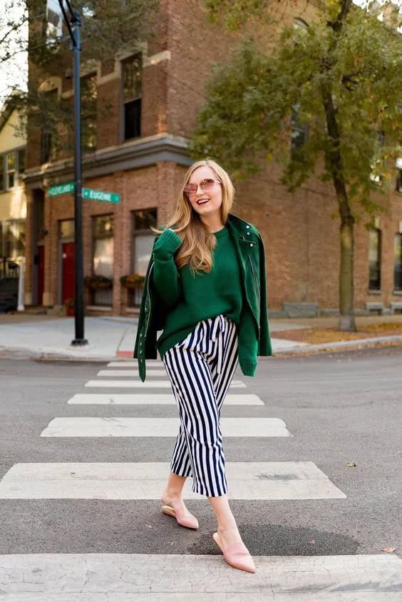 Striped Pants and Green Jacket