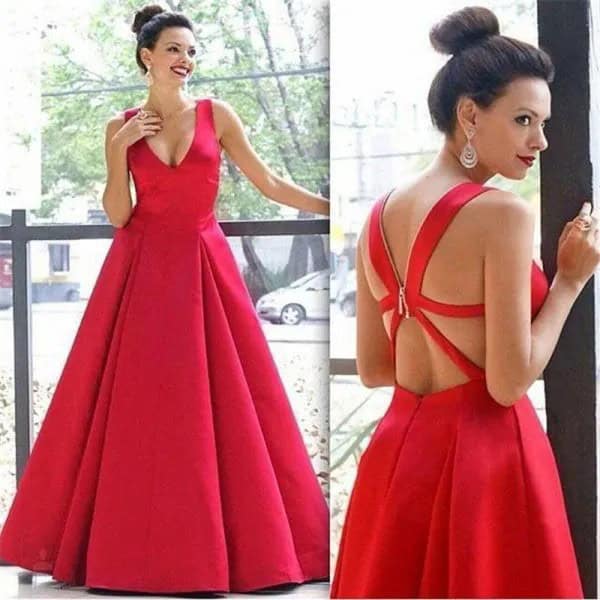 Red Cutout Back V Neck Fit and Flare Floor Length Dress