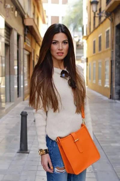 White Fitted Crew Neck Sweater with Blue Boyfriend Jeans & Orange Handbag