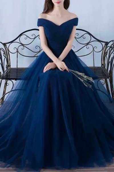 Deep Blue Chiffon Off The Shoulder Evening Gown Dress