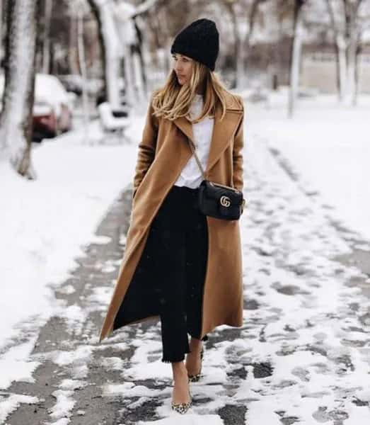 Black Knit Hat with Camel Maxi Length Wool Coat & Cropped Jeans