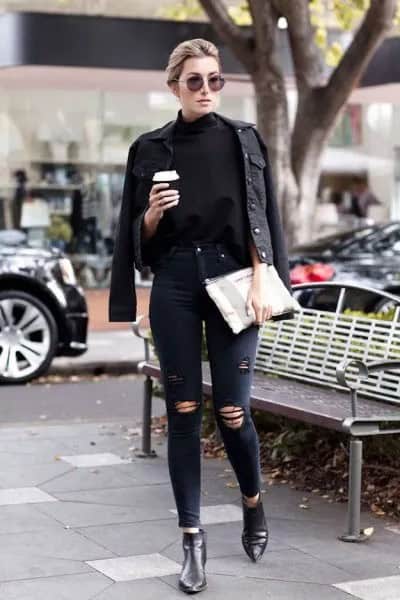 Black Denim Jacket with Leather Ankle Chelsea Boots