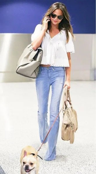 White Cropped Peasant Top with Light Blue Flared Jeans