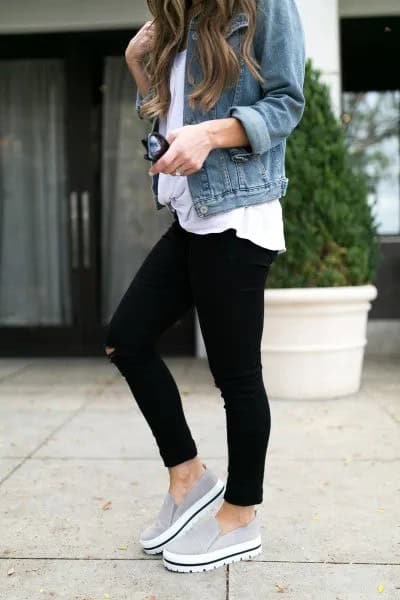 Blue Denim Jacket with White Relaxed Fit Tee & Grey Canvas Platform Sneakers