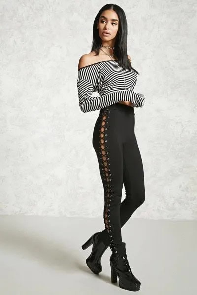 Black and White Off The Shoulder Tee with High Rise Lace Up Leggings