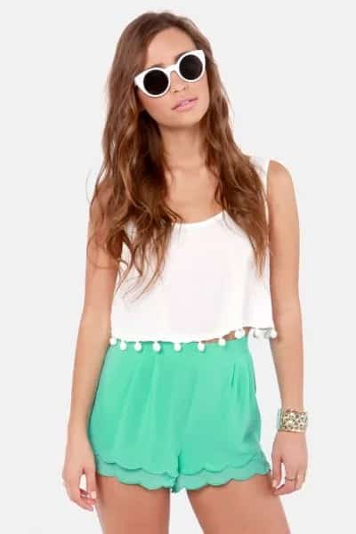 White Tassel Cropped Tank Top with Grey High Waisted Chiffon Scalloped Shorts