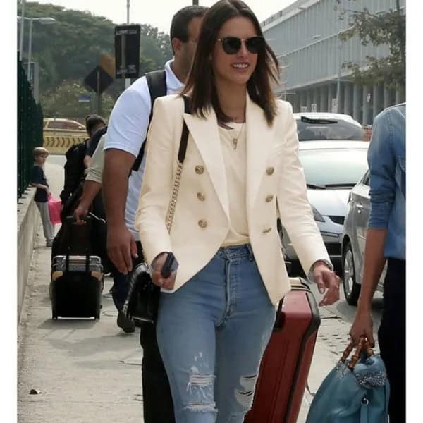 White Double Breasted Blazer with Light Blue Ripped Skinny Jeans