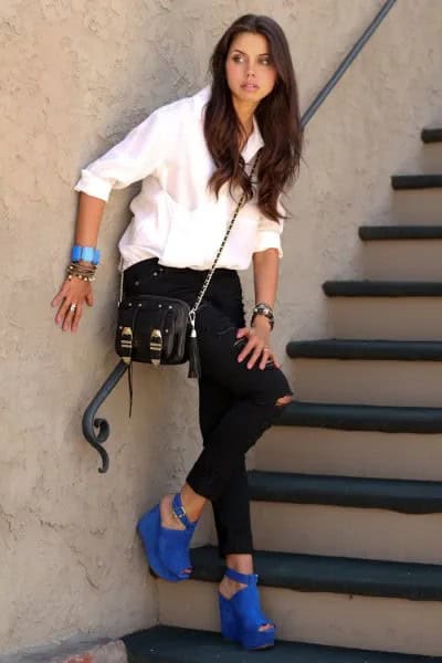 Blue Suede Open Toe Heels with White Shirt & Black Ripped Jeans