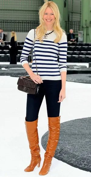 Black and White Striped Knit Sweater with Tall Jeans & Orange Boots