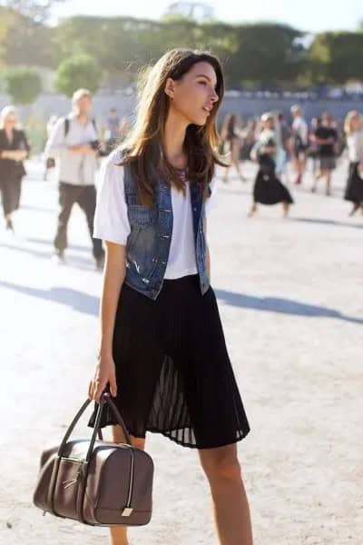 Black Semi-Sheer Mini Pleated Skirt with White Tee & Denim Vest