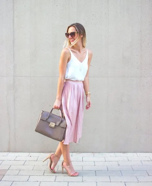 White V Neck Vest Top with Pink Midi Pleated Skirt