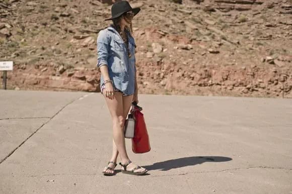 Chambray Button Up Shirt with Mini Denim Shorts & Comfortable Sandals