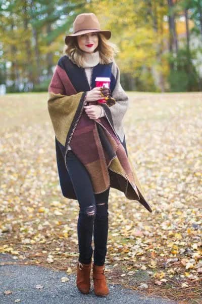 Brown and Navy Blue Wrap Sweater with Floppy Hat & Skinny Ripped Jeans