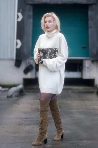 White Chunky Cowl Neck Cashmere Sweater Dress with Thigh High Boots