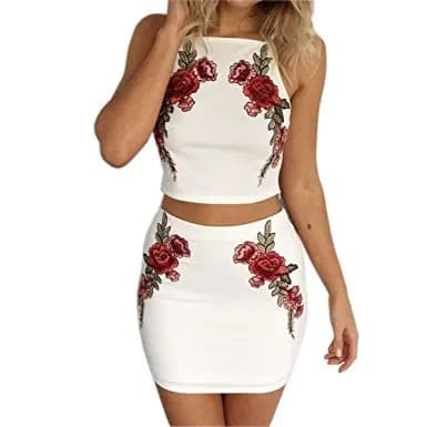 White Halter Neck Floral Embroidered Two-Piece Dress