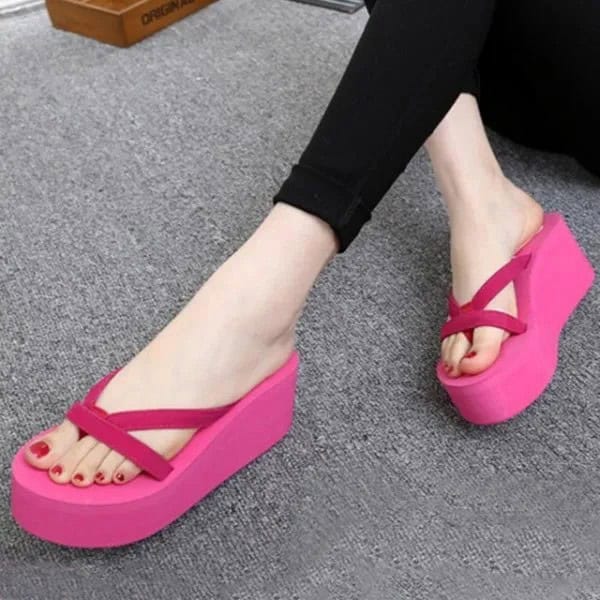 Black Super Skinny Jeans with Hot Pink High Heel Flip Flops