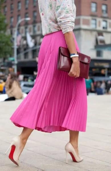 Blush Printed Sweater with Hot Pink Maxi Pleated Skirt