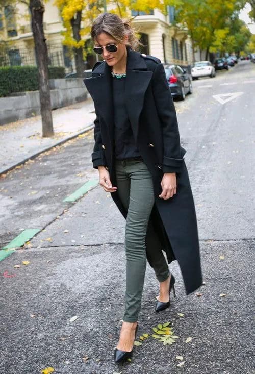 Long Black Coat & Green Skinny Jeans