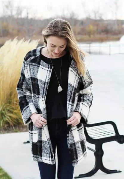 Black and White Plaid Wool Coat