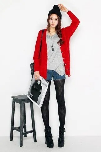 Red Cardigan with Grey T Shirt & Mini Blue Denim Shorts