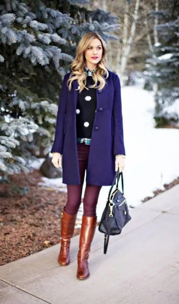 Navy Blue Wool Coat Dress with Gold Knee High Boots