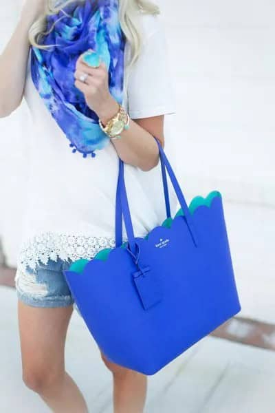 White Crochet Hem Tee with Denim Shorts & Royal Blue Purse