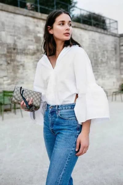 White Puff Sleeve Button Up Skirt with Mom Jeans