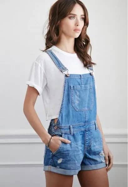 Blue Denim Overall Shorts with White Cropped T Shirt