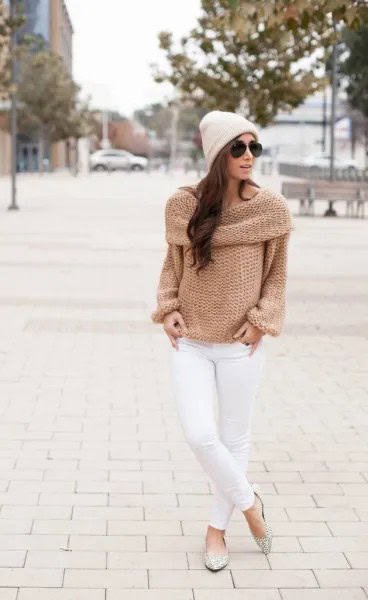 Blush Pink Folded Shoulder Boat Neck Knit Sweater