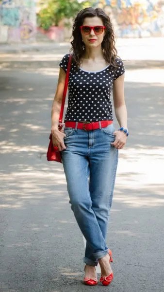 Black and White Polka Dot Tee with Light Blue Cuffed Jeans