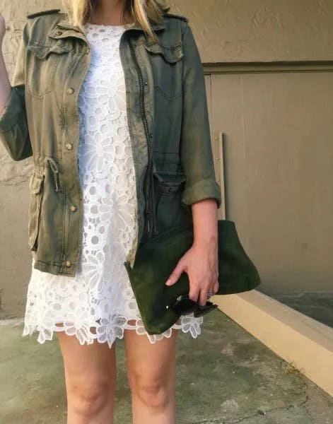 Anorak Jacket with White Lace Mini Shift Dress