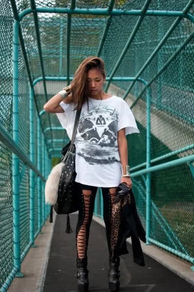 White Oversized Graphic T Shirt with Black Leggings & Boots