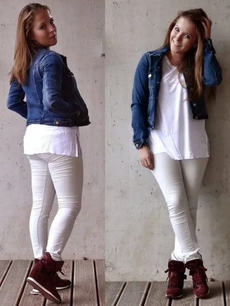 Blue Short Fitted Denim Jacket with White Tunic Top & Black Hidden Wedge Sneakers