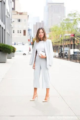 Blazer with White Mock Neck Sweater & Wide Leg Cropped Pants