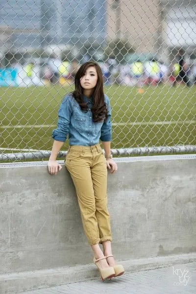 Blue Chambray Shirt with Lime Green Cropped Pants