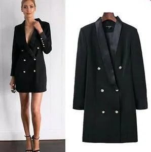 Black Double Breasted Suit Jacket Dress with Ankle Strap Open Toe Heels