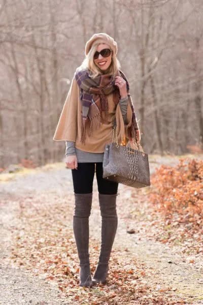 Crepe Cape with Plaid Cashmere Scarf